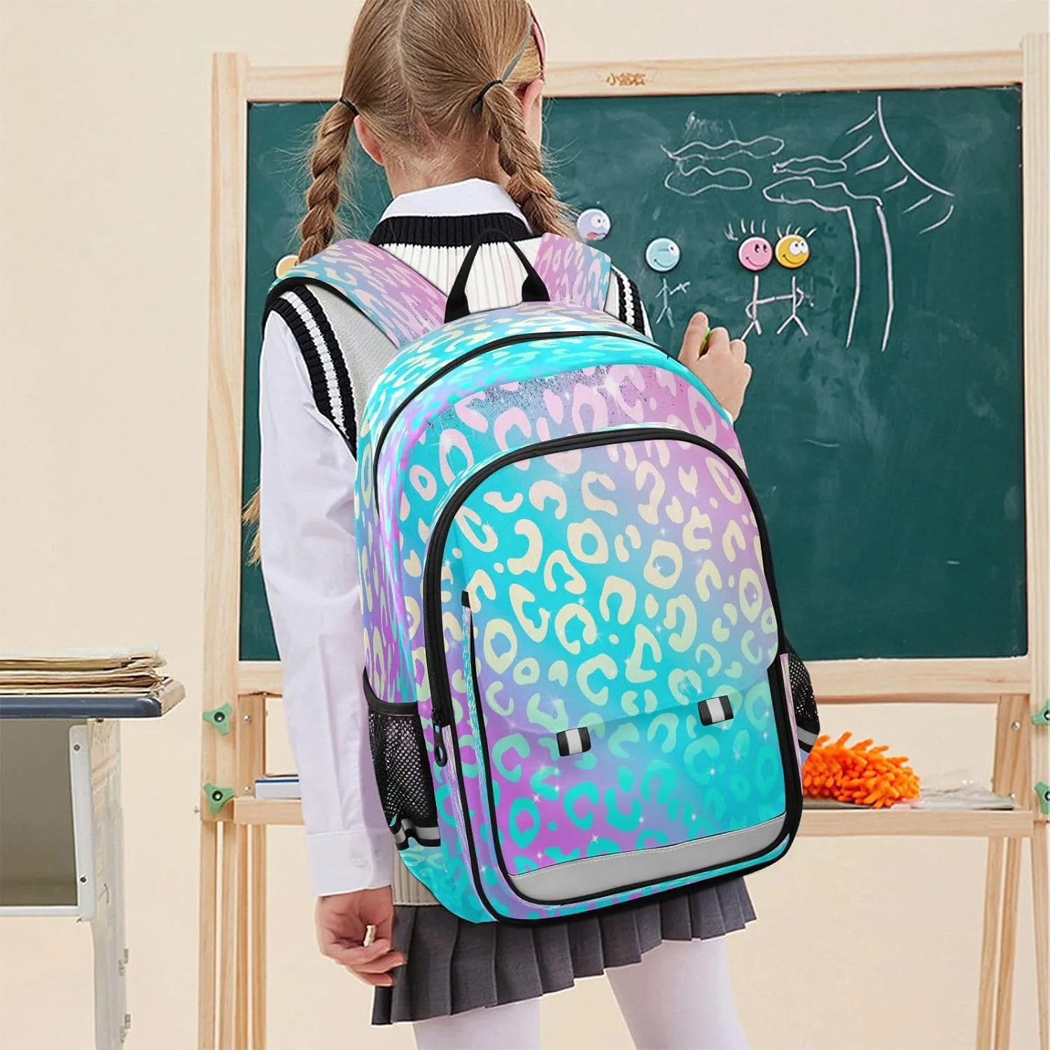 ALAZA School backpacks for girls boys Leopard Print Rainbow Cheetah Backpack Students Bookbag for school bag Womens Casual Daypack College Bookbag