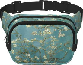 almond blossom Print Fashion Waist Packs Square Layer Waist Bag Black Belt Bag with Adjustable Strap