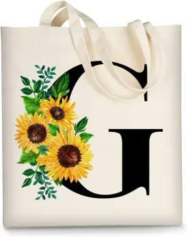 AUSVKAI Cute Sunflower Initial Canvas Tote Bag Aesthetic for Women