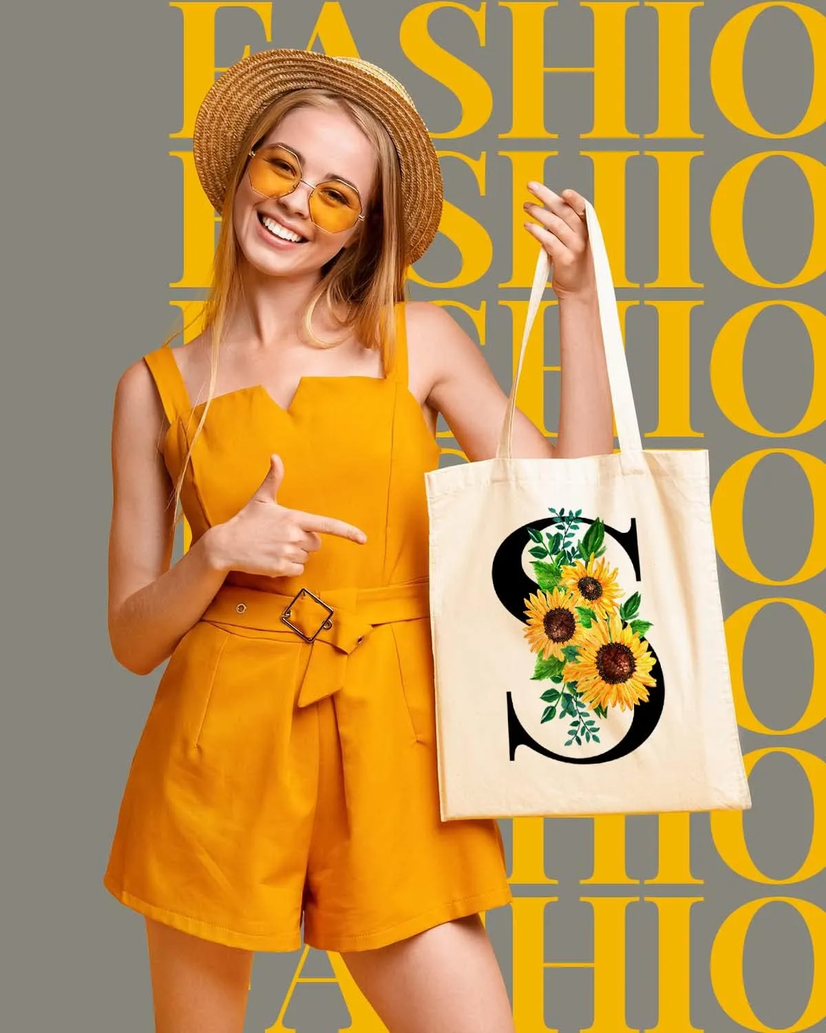 AUSVKAI Cute Sunflower Initial Canvas Tote Bag Aesthetic for Women