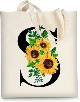 AUSVKAI Cute Sunflower Initial Canvas Tote Bag Aesthetic for Women