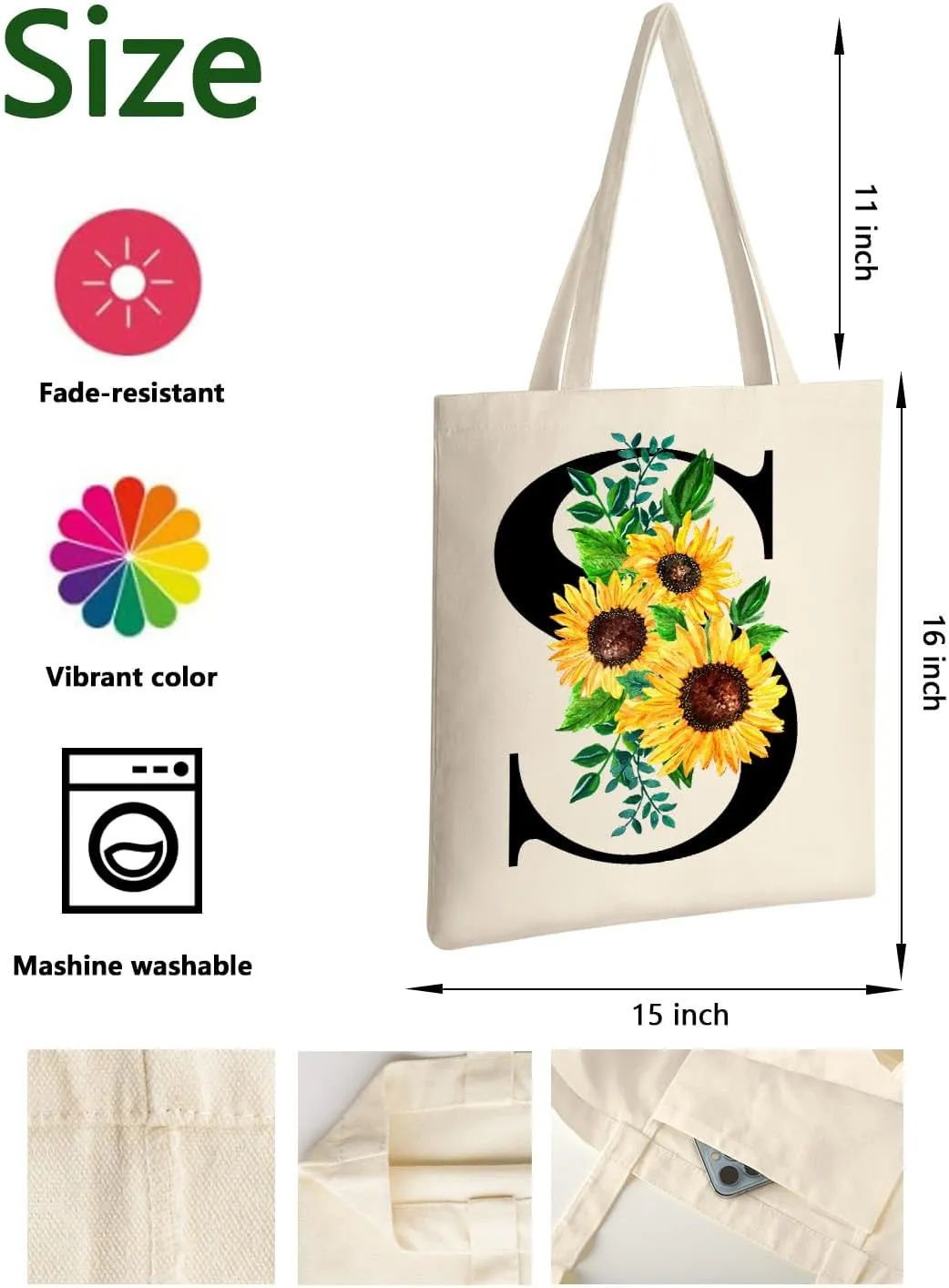 AUSVKAI Cute Sunflower Initial Canvas Tote Bag Aesthetic for Women
