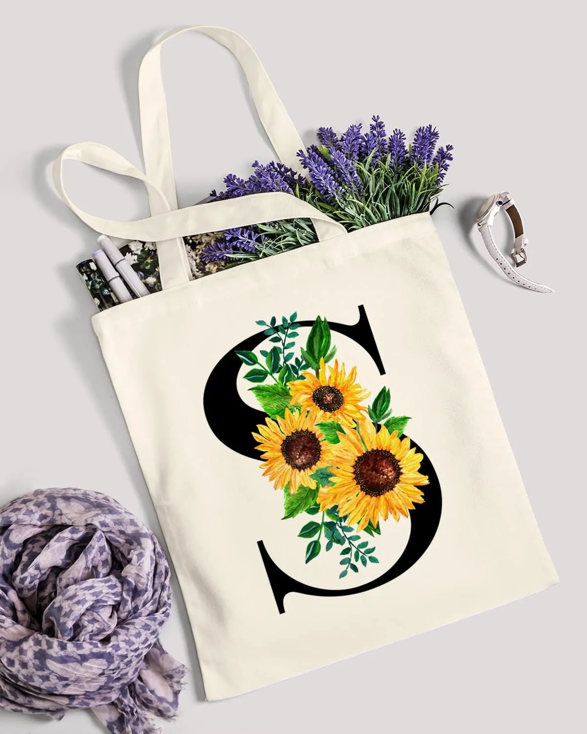 AUSVKAI Cute Sunflower Initial Canvas Tote Bag Aesthetic for Women