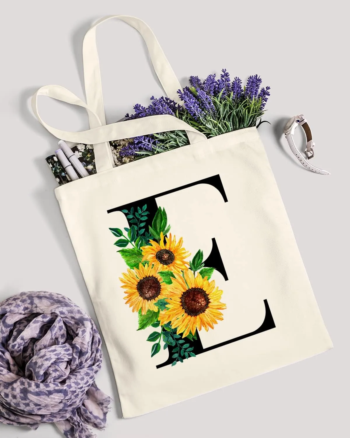 AUSVKAI Cute Sunflower Initial Canvas Tote Bag Aesthetic for Women