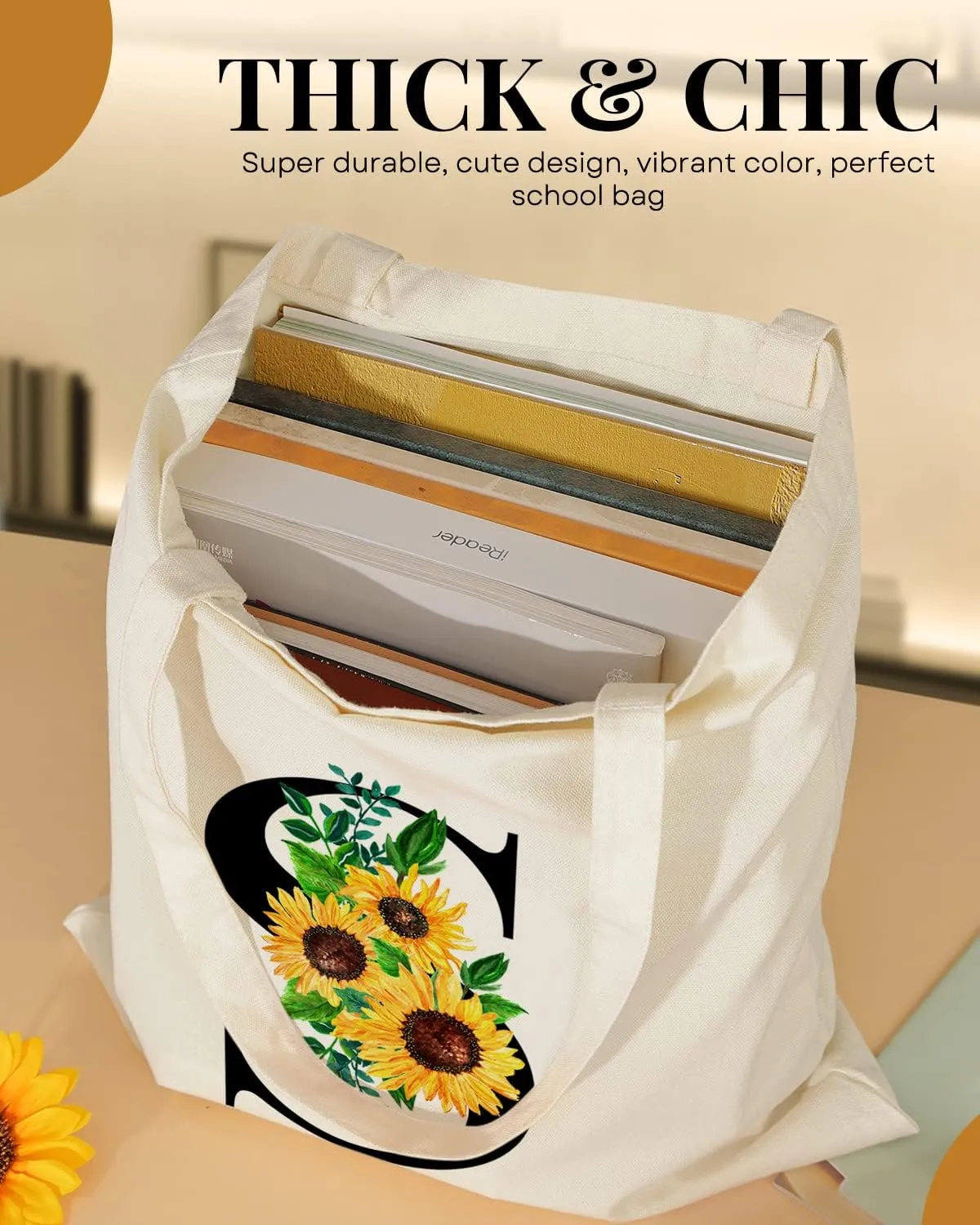 AUSVKAI Cute Sunflower Initial Canvas Tote Bag Aesthetic for Women