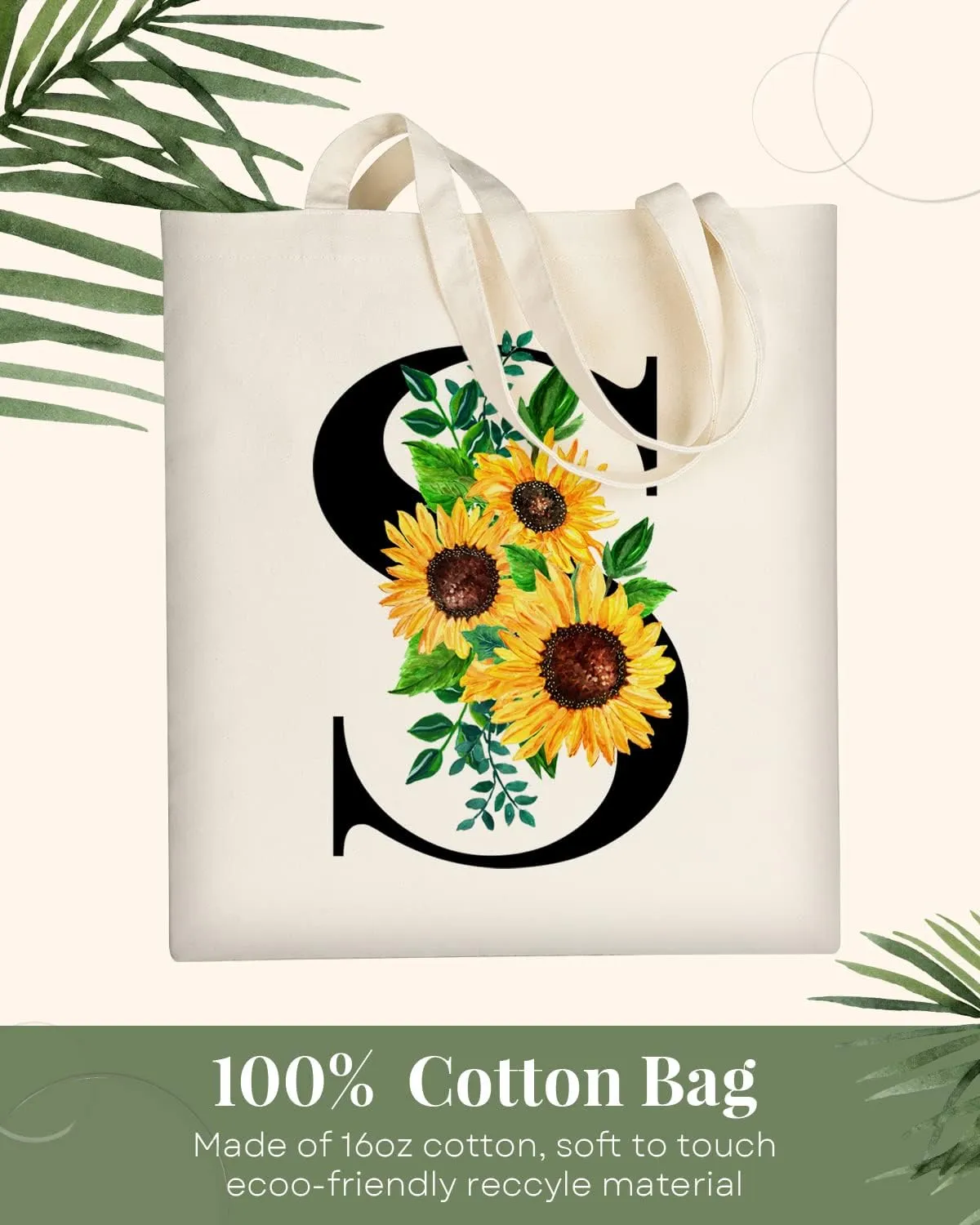 AUSVKAI Cute Sunflower Initial Canvas Tote Bag Aesthetic for Women
