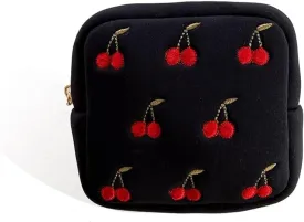 Black Waterproof Mini Makeup Bag Pouch,Small Cosmetic Bag Embroidery Travel Toiletry Organizers Bag for Women Girls,Cute Mini Nylon Zipper Storage Bag For School Work