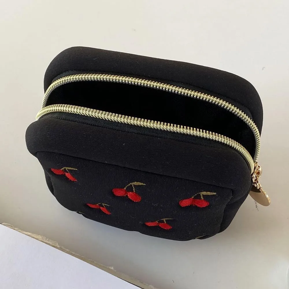 Black Waterproof Mini Makeup Bag Pouch,Small Cosmetic Bag Embroidery Travel Toiletry Organizers Bag for Women Girls,Cute Mini Nylon Zipper Storage Bag For School Work
