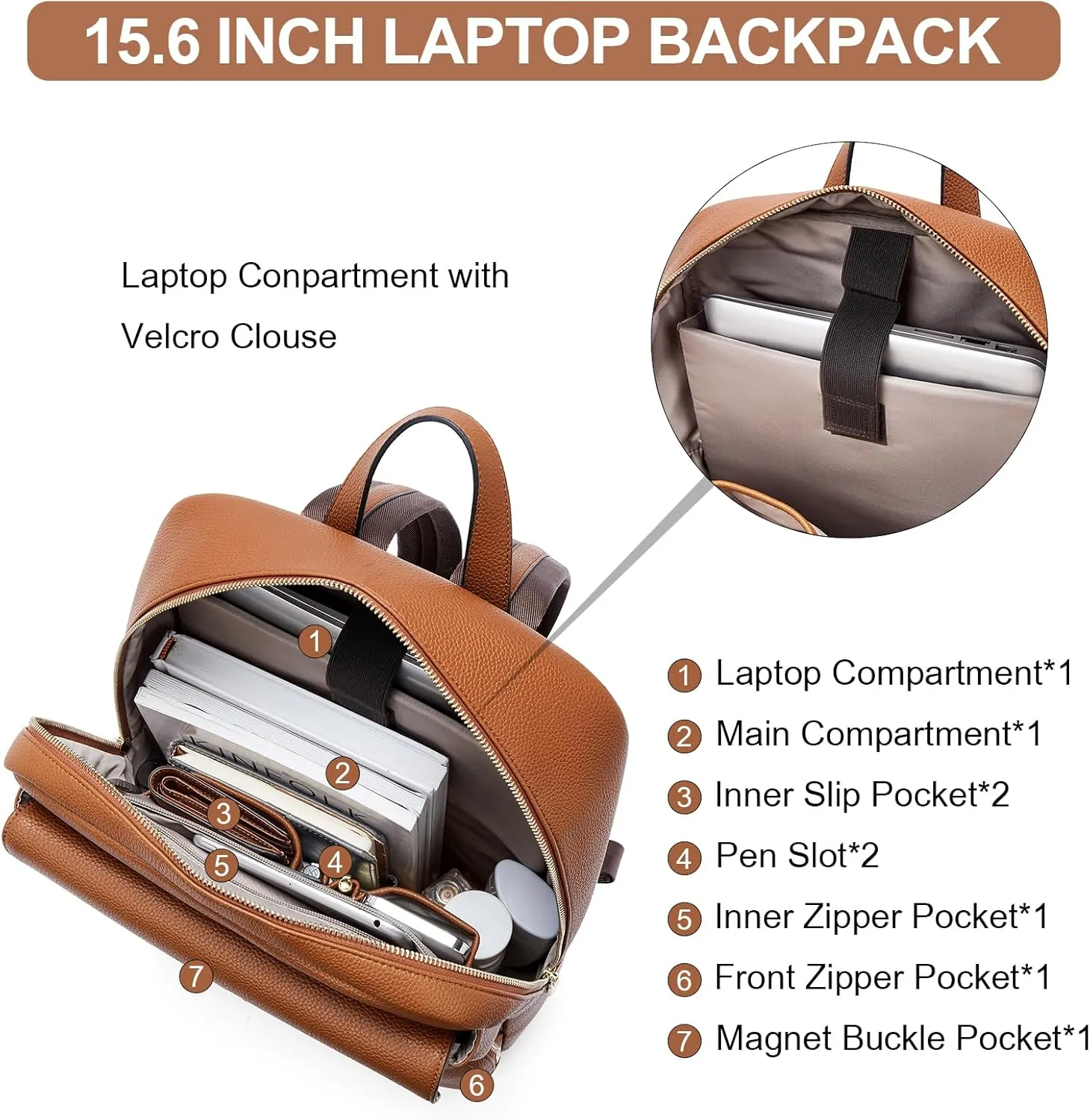 BOSTANTEN Leather Backpack for Women 15.6 inch Laptop Backpack Purse Casual Business Travel Computer Shoulder Bags with Trolley Sleeve Brown