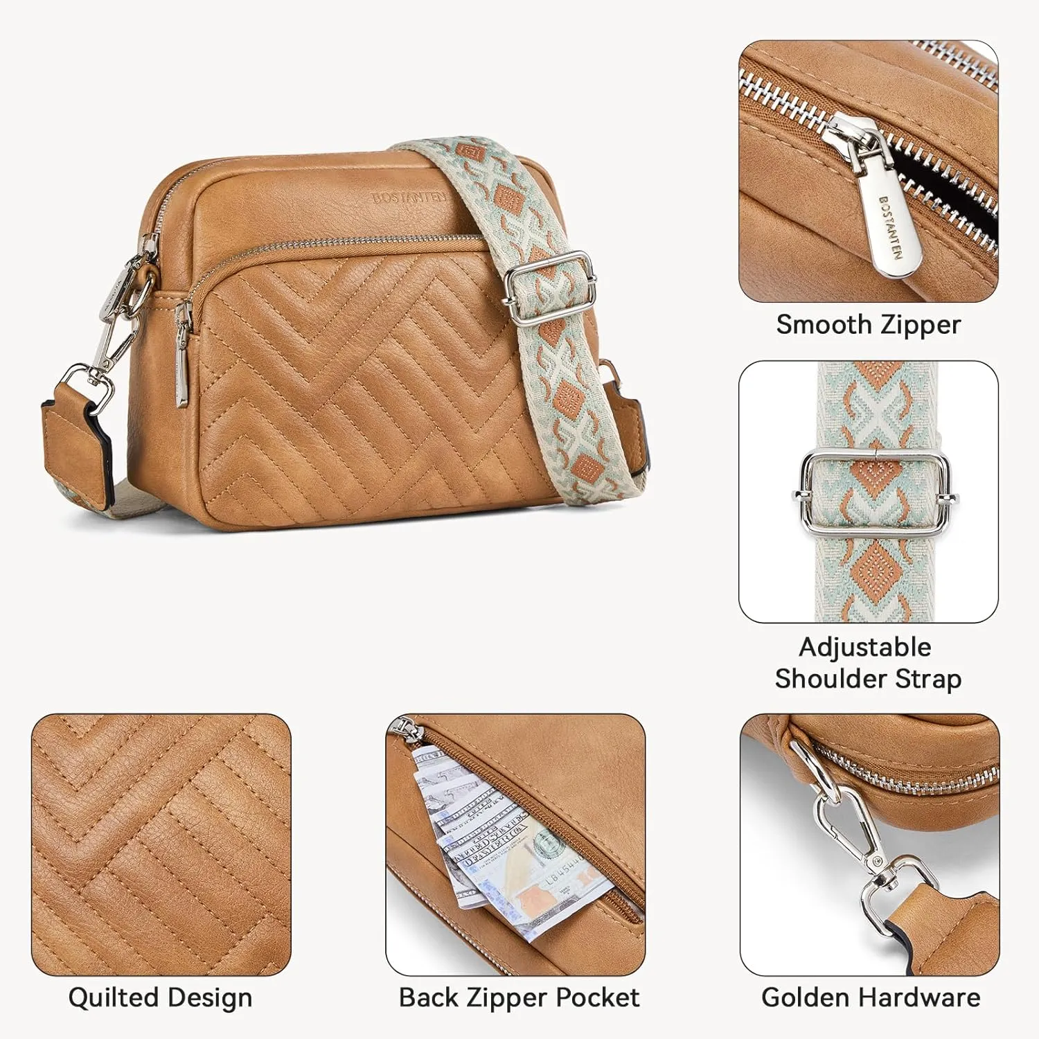 BOSTANTEN Quilted Crossbody Bags for Women Vegan Leather Purses Small Shoulder Handbags with Wide Strap