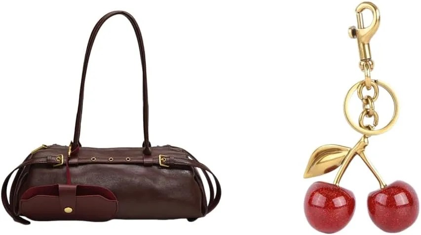 Boston Shoulder Bags for Women Cherry Purse Underarm Bag PU Leather Casual Bowling Bag Purse Retro Tote Bag