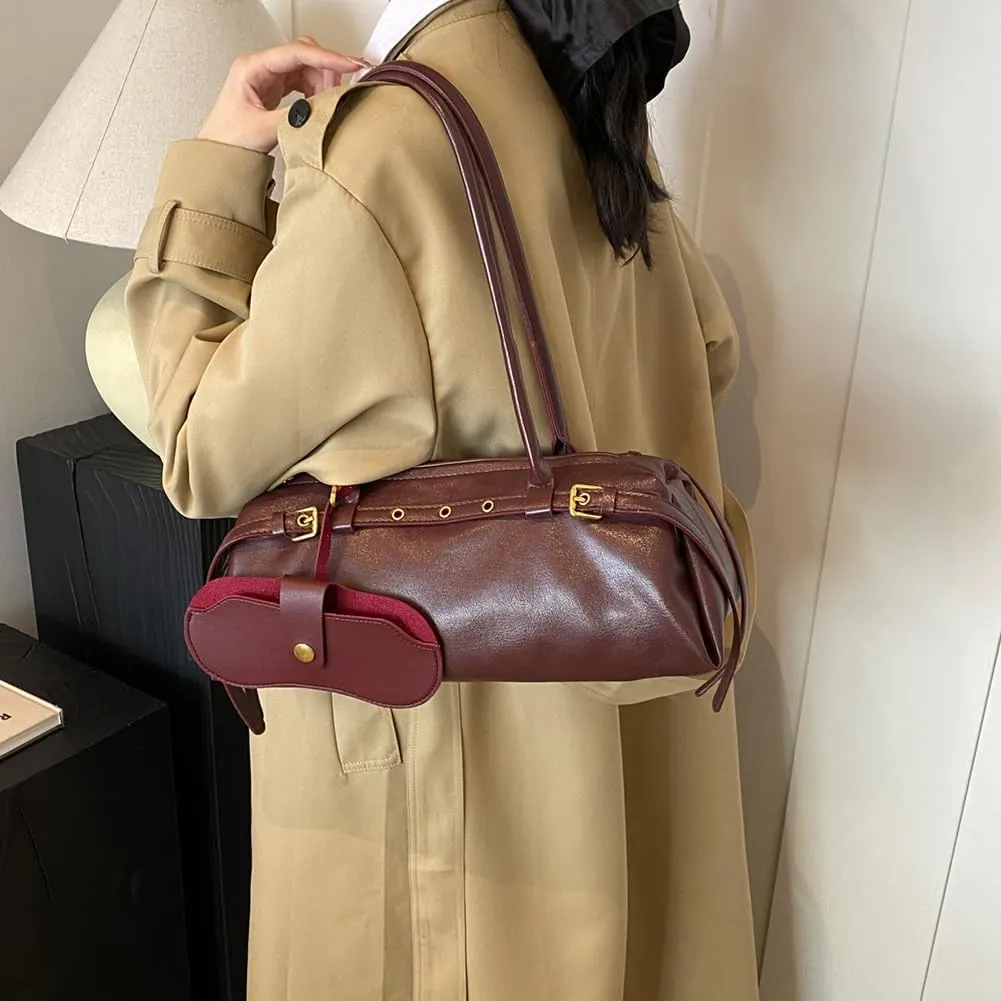 Boston Shoulder Bags for Women Cherry Purse Underarm Bag PU Leather Casual Bowling Bag Purse Retro Tote Bag