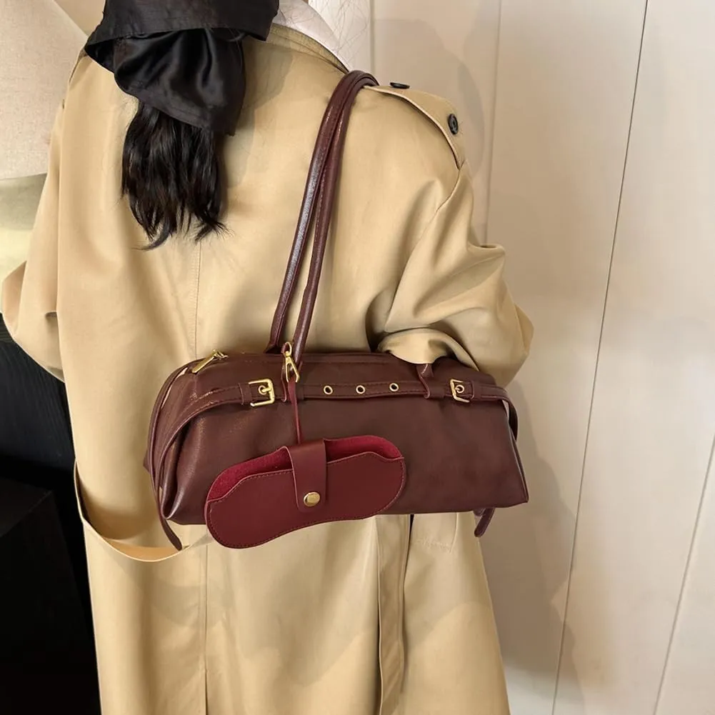 Boston Shoulder Bags for Women Cherry Purse Underarm Bag PU Leather Casual Bowling Bag Purse Retro Tote Bag