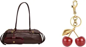 Boston Shoulder Bags for Women Cherry Purse Underarm Bag PU Leather Casual Bowling Bag Purse Retro Tote Bag