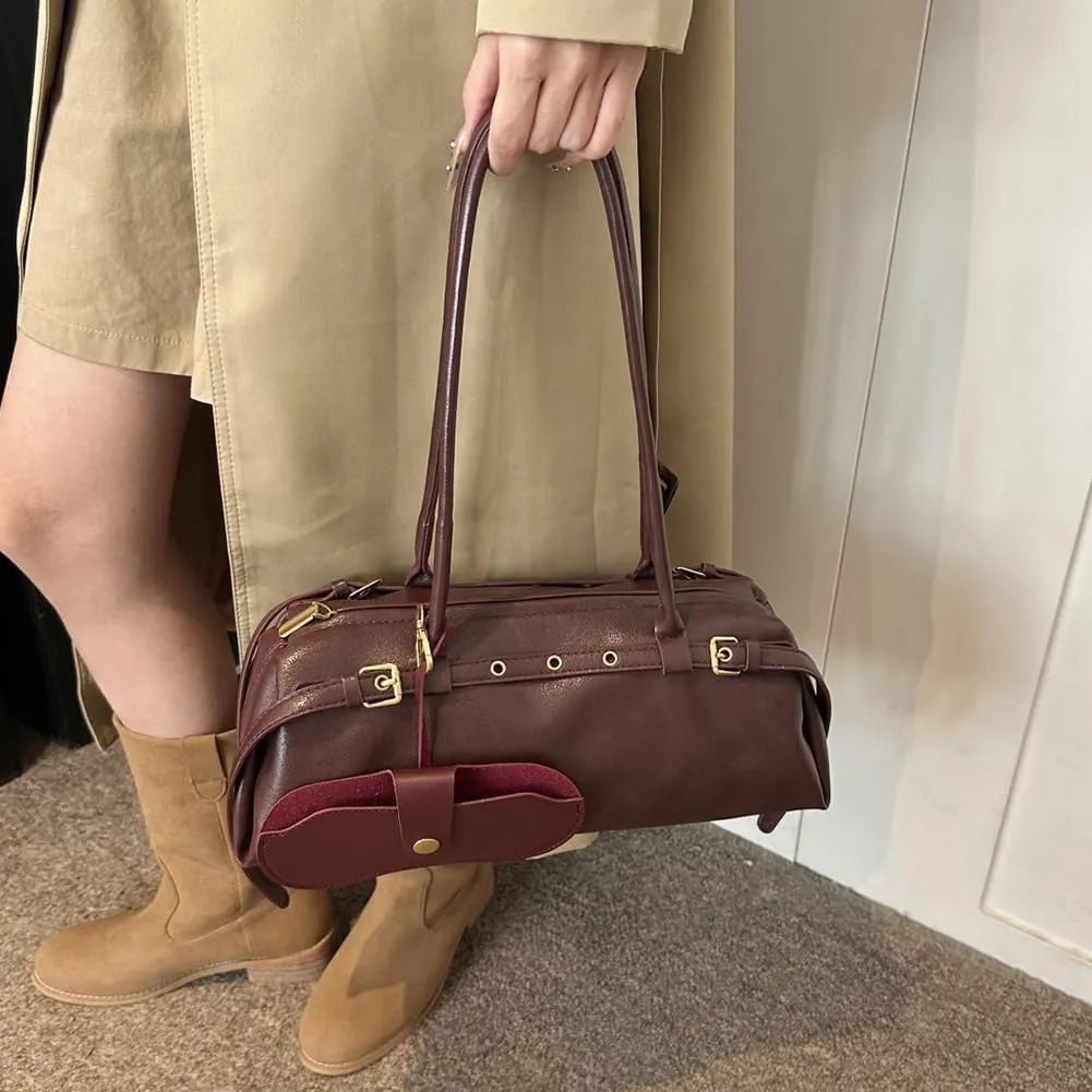 Boston Shoulder Bags for Women Cherry Purse Underarm Bag PU Leather Casual Bowling Bag Purse Retro Tote Bag