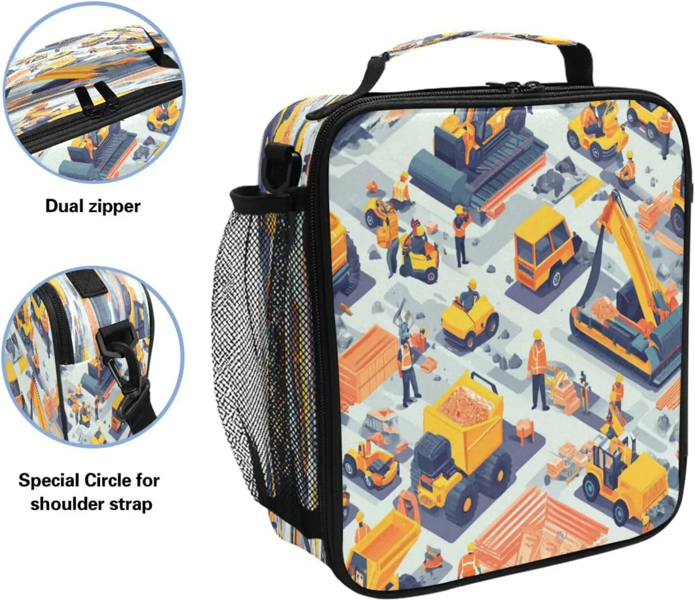 Cooler Tote Box Water Resistant Lunch Bag with buckle for School Work Outdoor Construction Scene Concrete Mixer Truck
