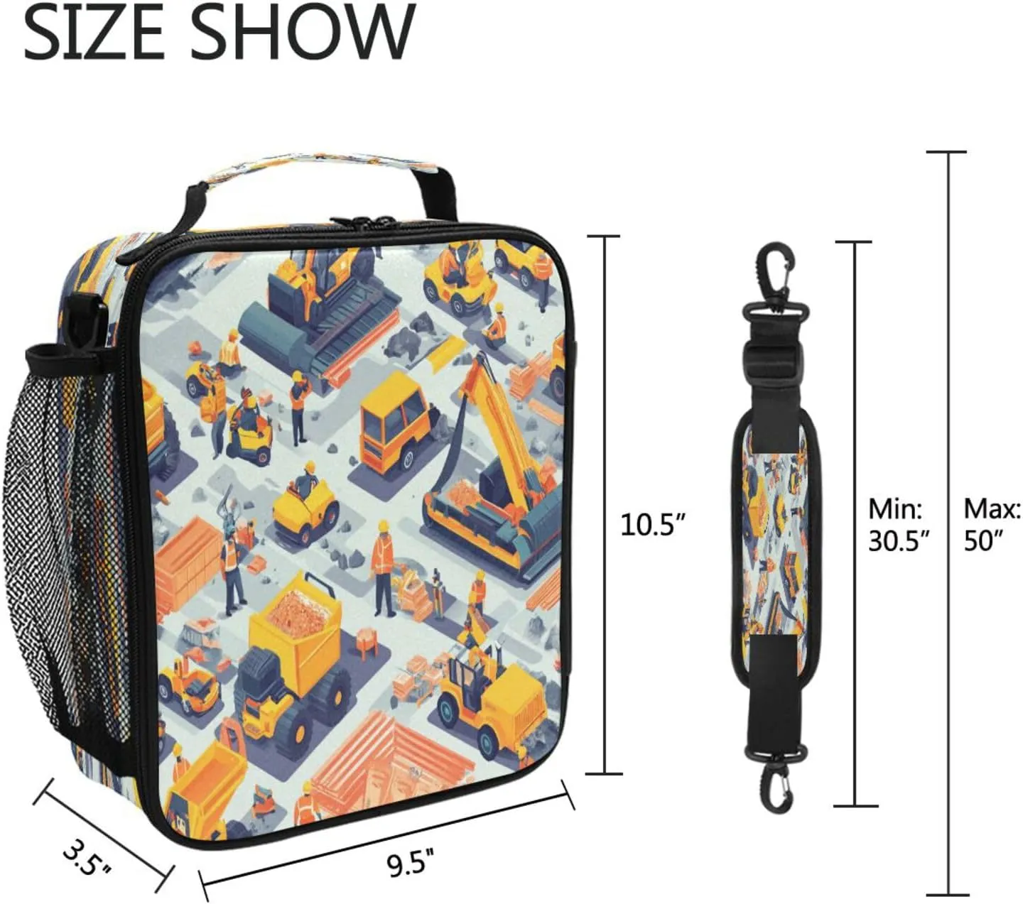 Cooler Tote Box Water Resistant Lunch Bag with buckle for School Work Outdoor Construction Scene Concrete Mixer Truck