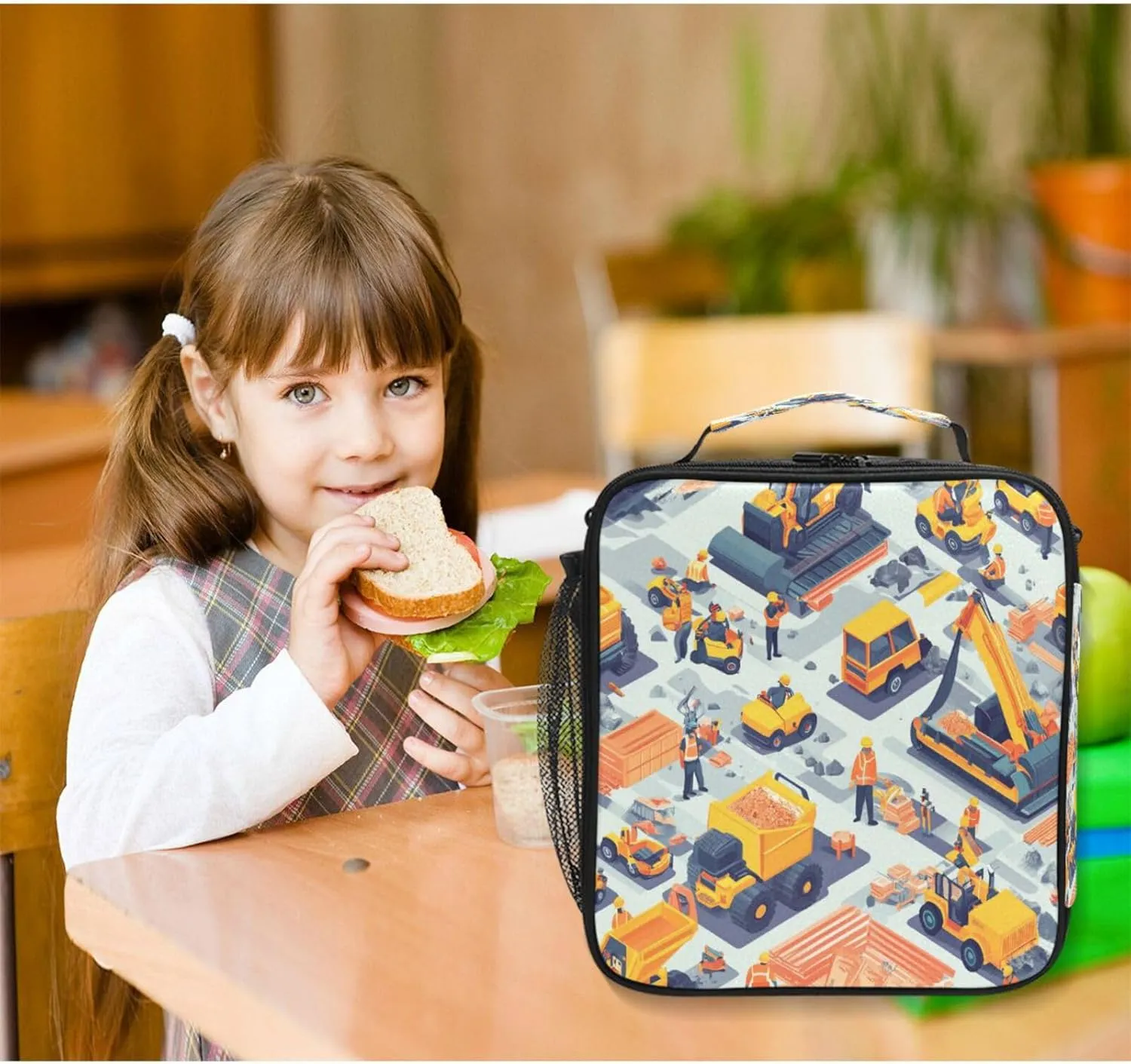 Cooler Tote Box Water Resistant Lunch Bag with buckle for School Work Outdoor Construction Scene Concrete Mixer Truck