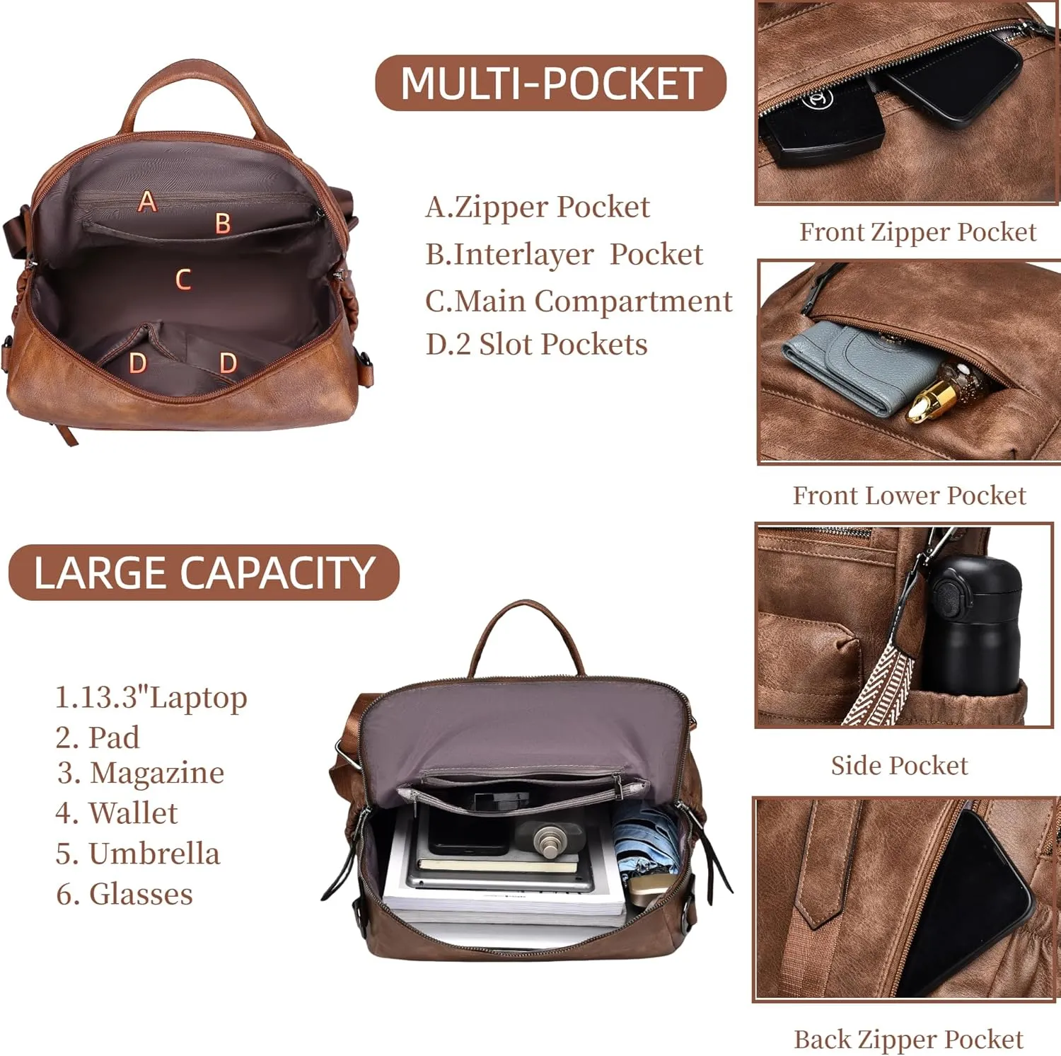 Dora & Liz Womens Backpack Purse Leather Fashion Travel Backpack Purse for Women Designer Ladies Shoulder Bags with Wristlet