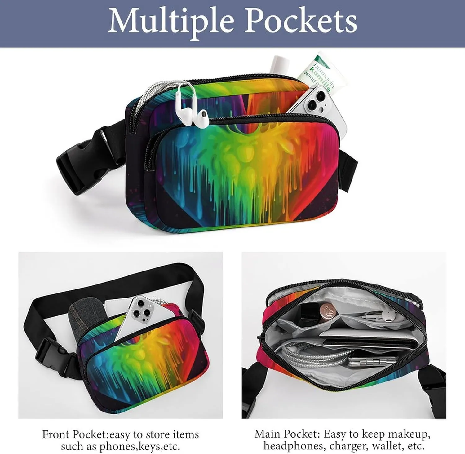 Fanny Pack for Men&Women Crossbody Waist Bag Small Sling Backpack Rainbow Hearts Belt Bag