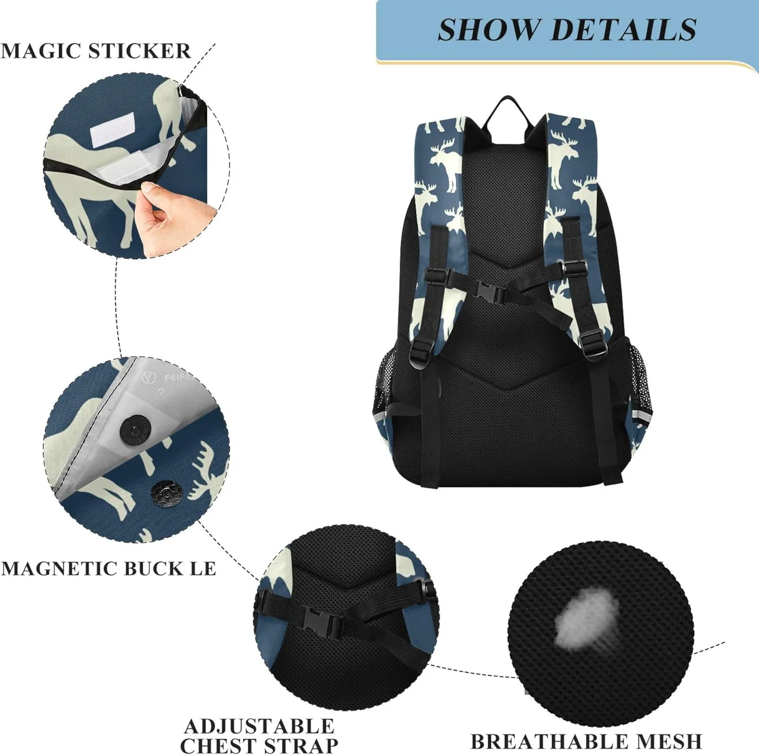 Fisyme Winter Deer Moose School Backpack Laptop Backpack Bags Bookbag Travel Casual Computer Notebooks Daypack