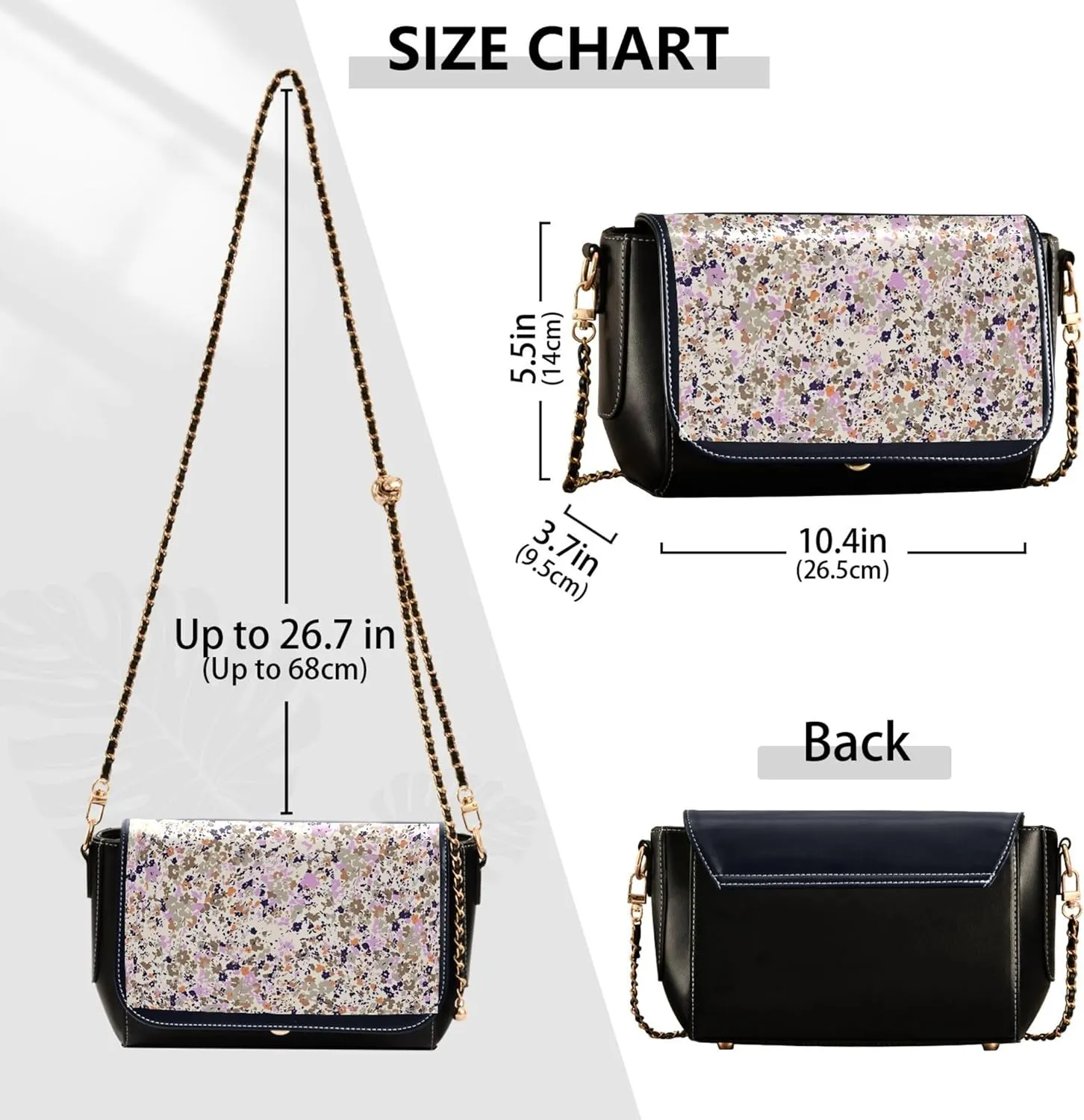 Floral Blue Small Flower Shoulder Leather Bags Black Women Crossbody Bag Purses Trendy Handbag with Chain Strap