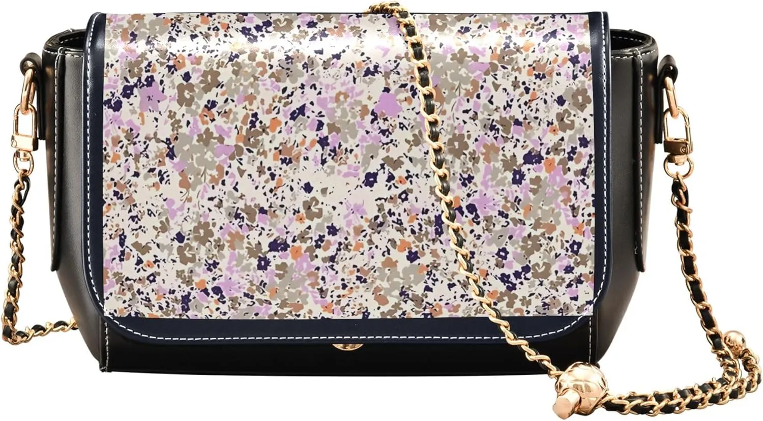 Floral Blue Small Flower Shoulder Leather Bags Black Women Crossbody Bag Purses Trendy Handbag with Chain Strap