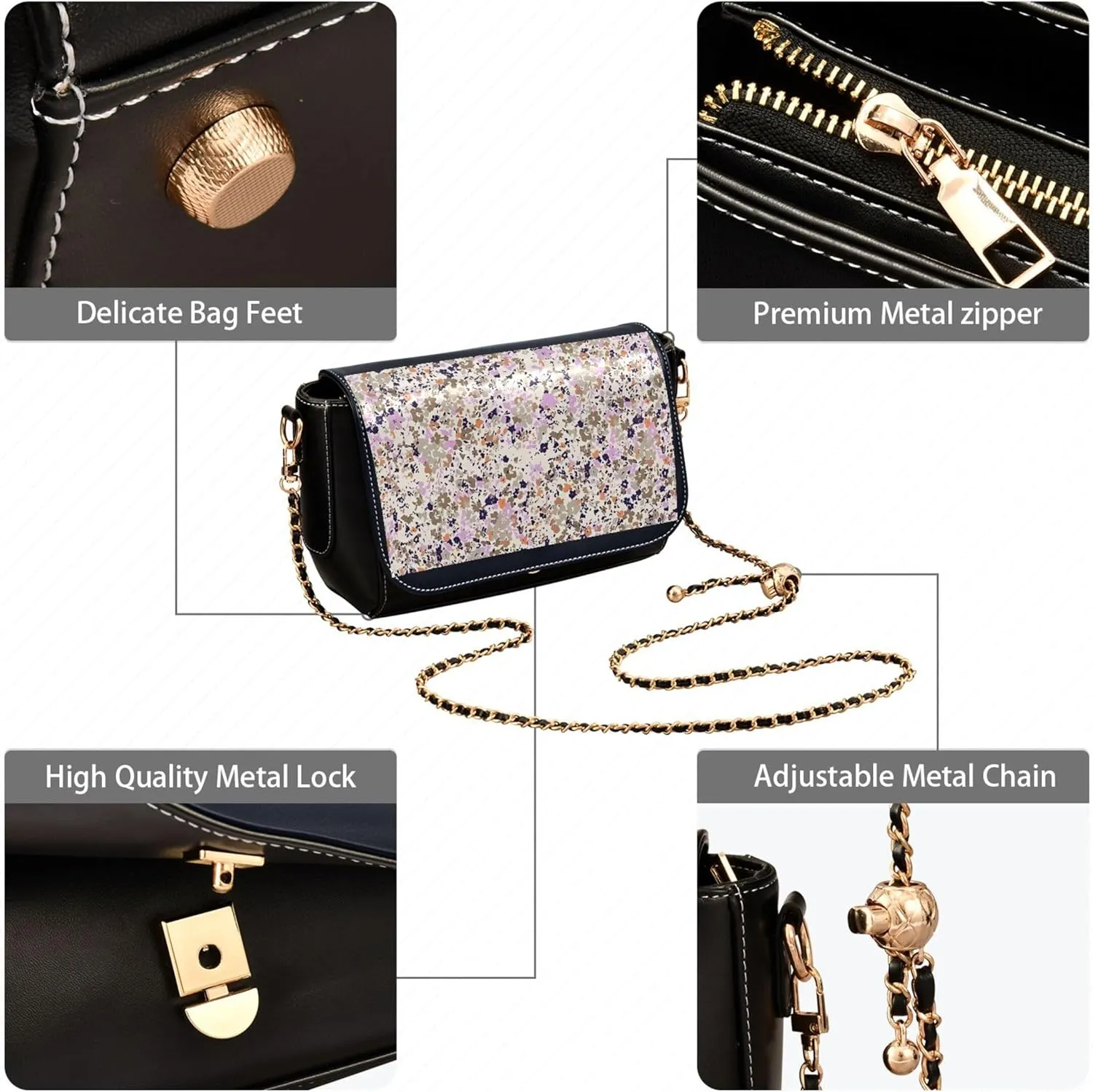 Floral Blue Small Flower Shoulder Leather Bags Black Women Crossbody Bag Purses Trendy Handbag with Chain Strap