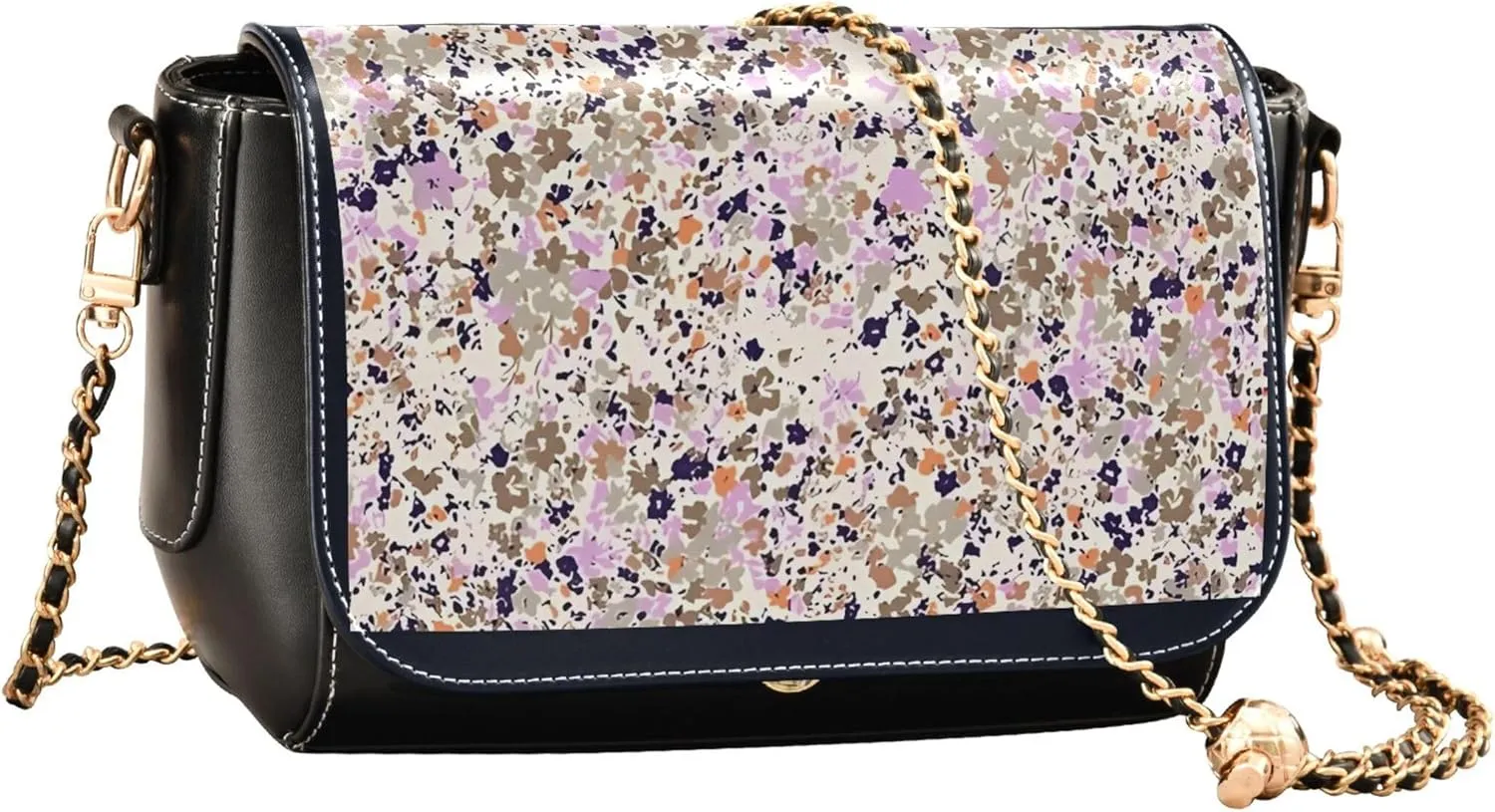 Floral Blue Small Flower Shoulder Leather Bags Black Women Crossbody Bag Purses Trendy Handbag with Chain Strap