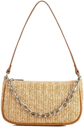 GL-Turelifes Summer Shoulder Bag Small Straw Bags Beach Bag Casual Clutch Shoulder HandBag with Zipper Closure for Women