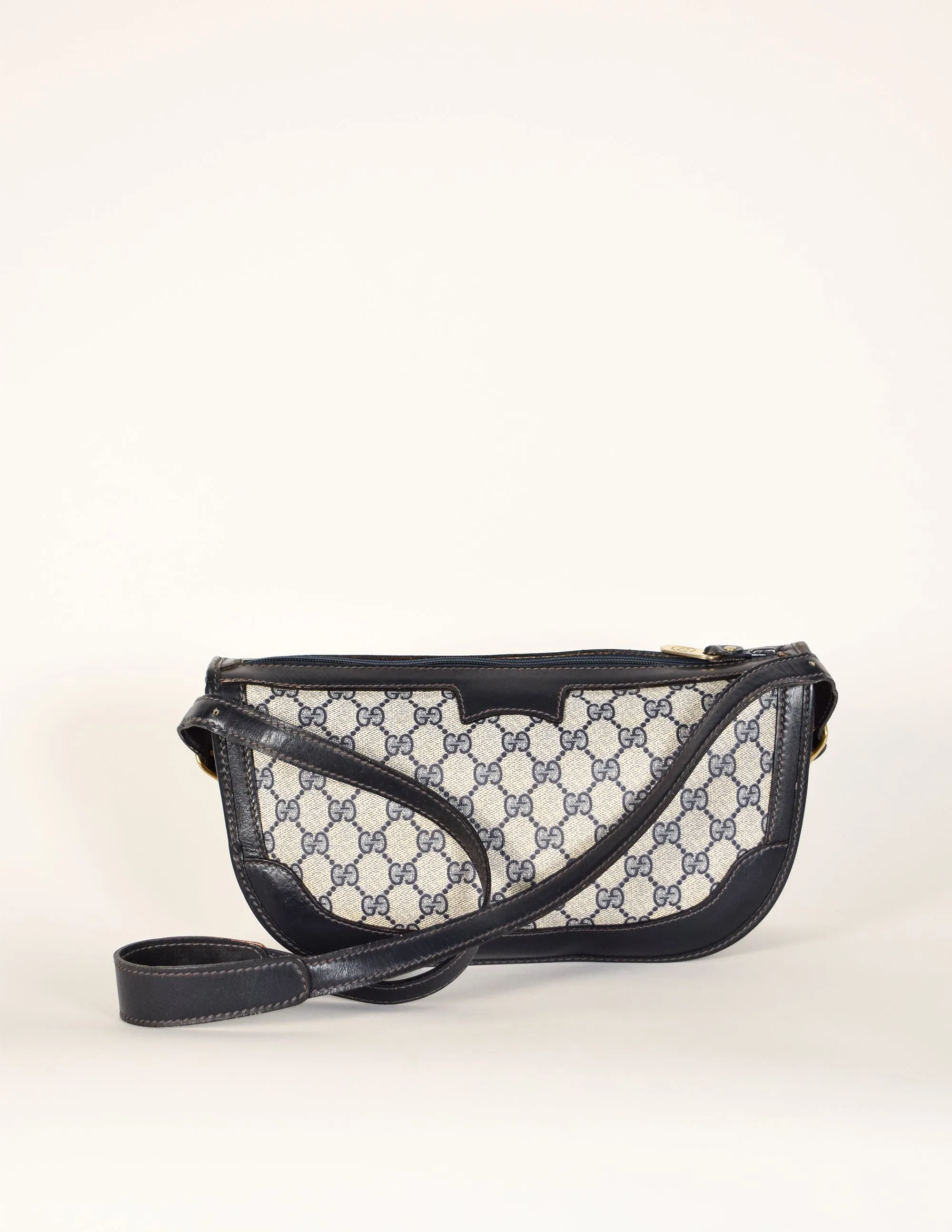 Gucci Vintage 1970s Navy Blue Monogram Coated Canvas Leather Shoulder Bag