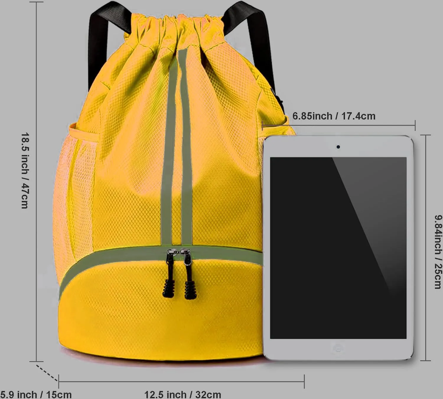 Gym Drawstring Backpack String Basketball Soccer Workout Bag Sport Swim Cinch with Shoes Compartment Dry Wet Pocket for Women Men(Yellow)