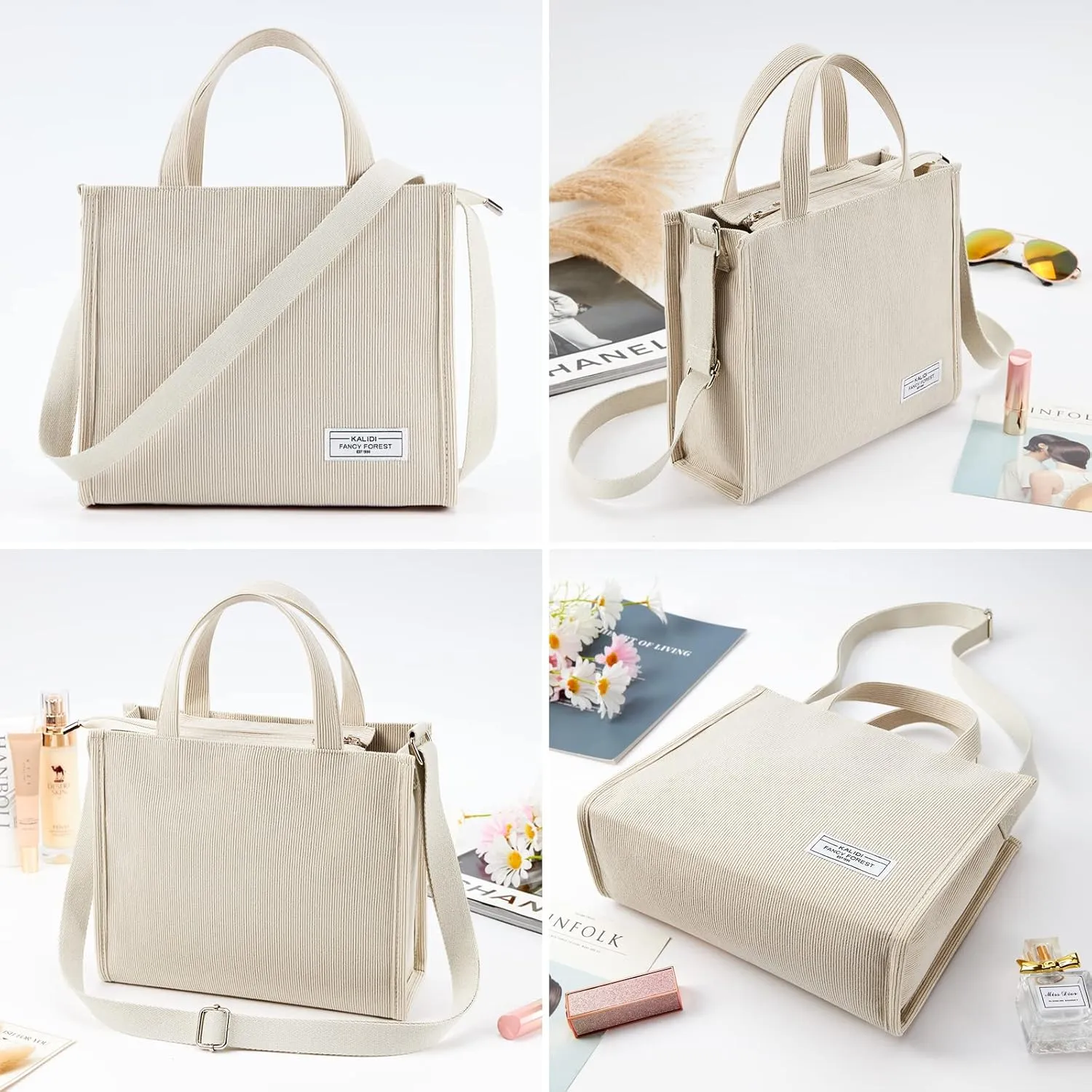 KALIDI Tote Bag for Women Corduroy Crossbody Bag Casual Zipper Tote Fashion Shoulder Handbag Hobo bag with Pockets
