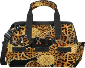 Leopard Print Brown Tool Bags 14.8 Inch Wide Mouth Tool Tote Bag with Handle and Adjustable Shoulder Strap Heavy Duty Tool Bag for Plumbers Electricians Handymen