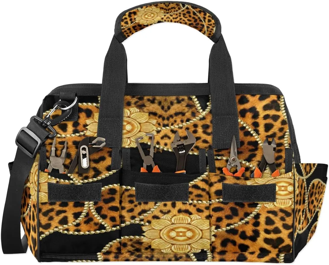 Leopard Print Brown Tool Bags 14.8 Inch Wide Mouth Tool Tote Bag with Handle and Adjustable Shoulder Strap Heavy Duty Tool Bag for Plumbers Electricians Handymen