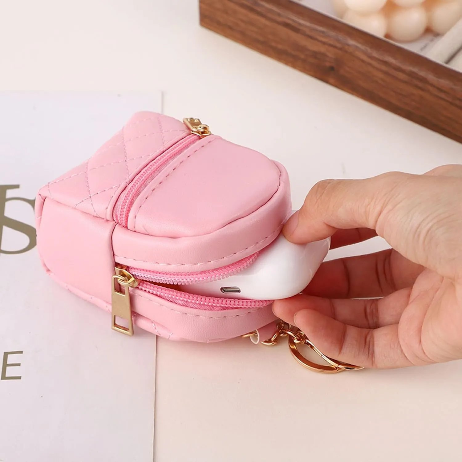 Mini Backpack Cute Cosmetic Bag for Women, Creative Cute Pendant Keychain Key-chains Keyrings PU Leather Makeup Bag Key Pocket Lipstick Bag Card Holder Data Cable Organizer Zipper Pouch (Green)