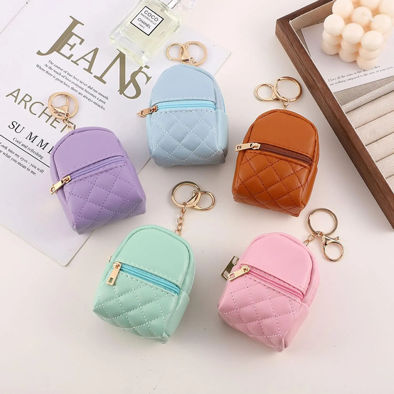Mini Backpack Cute Cosmetic Bag for Women, Creative Cute Pendant Keychain Key-chains Keyrings PU Leather Makeup Bag Key Pocket Lipstick Bag Card Holder Data Cable Organizer Zipper Pouch (Green)