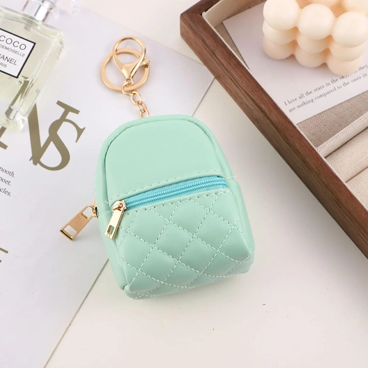 Mini Backpack Cute Cosmetic Bag for Women, Creative Cute Pendant Keychain Key-chains Keyrings PU Leather Makeup Bag Key Pocket Lipstick Bag Card Holder Data Cable Organizer Zipper Pouch (Green)