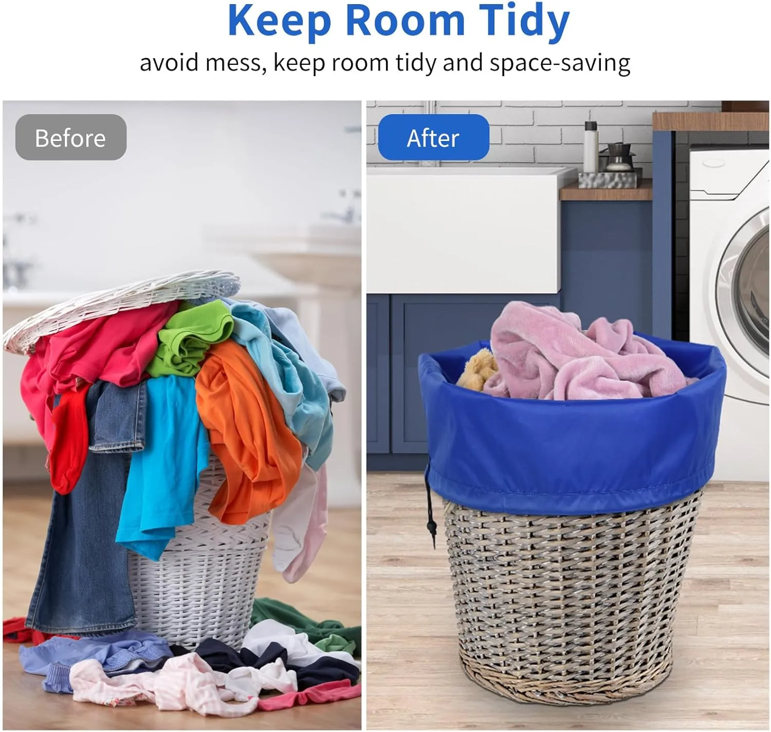 OTraki 24x32 Inch Laundry Bags Drawstring 2 Pack Medium Laundry Hamper Liner Bags Dirty Clothes Washable Travel Storage Wash Bag for College Home Dorm Camping Black & Blue