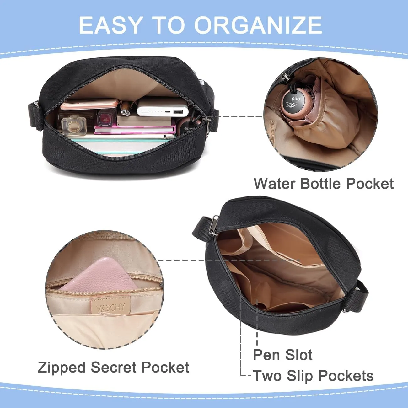 VASCHY Messenger Bag for Girls, Lightweight Canvas Crossbody Bag Purse for Teen Girls Women Fits Water Bottle