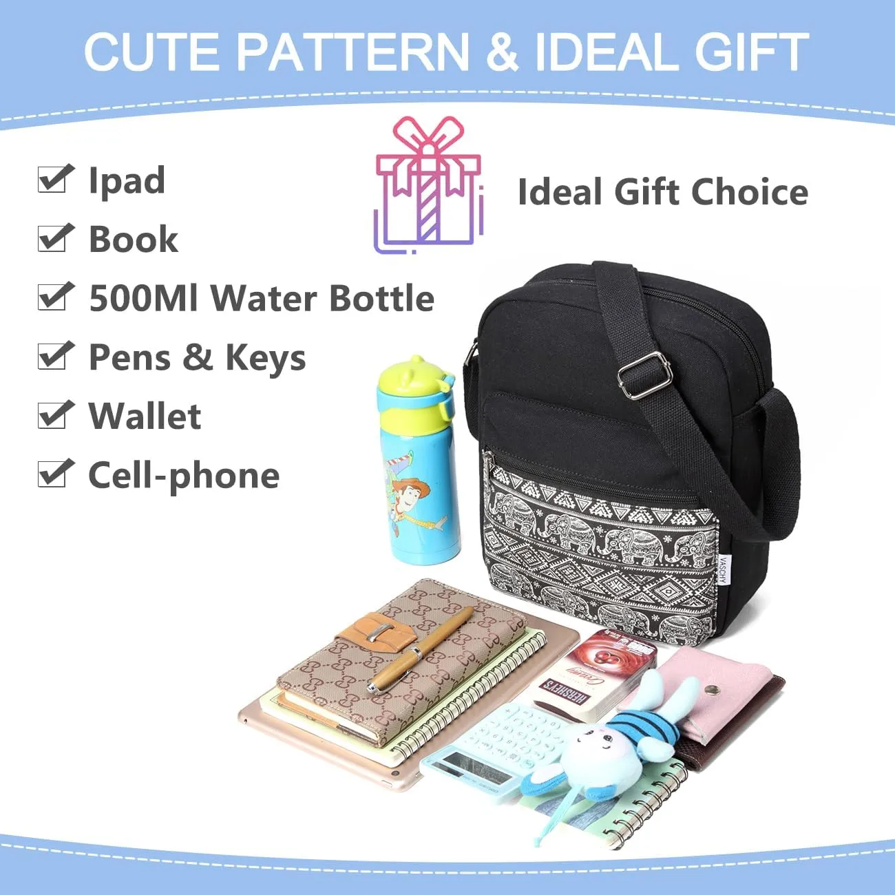 VASCHY Messenger Bag for Girls, Lightweight Canvas Crossbody Bag Purse for Teen Girls Women Fits Water Bottle