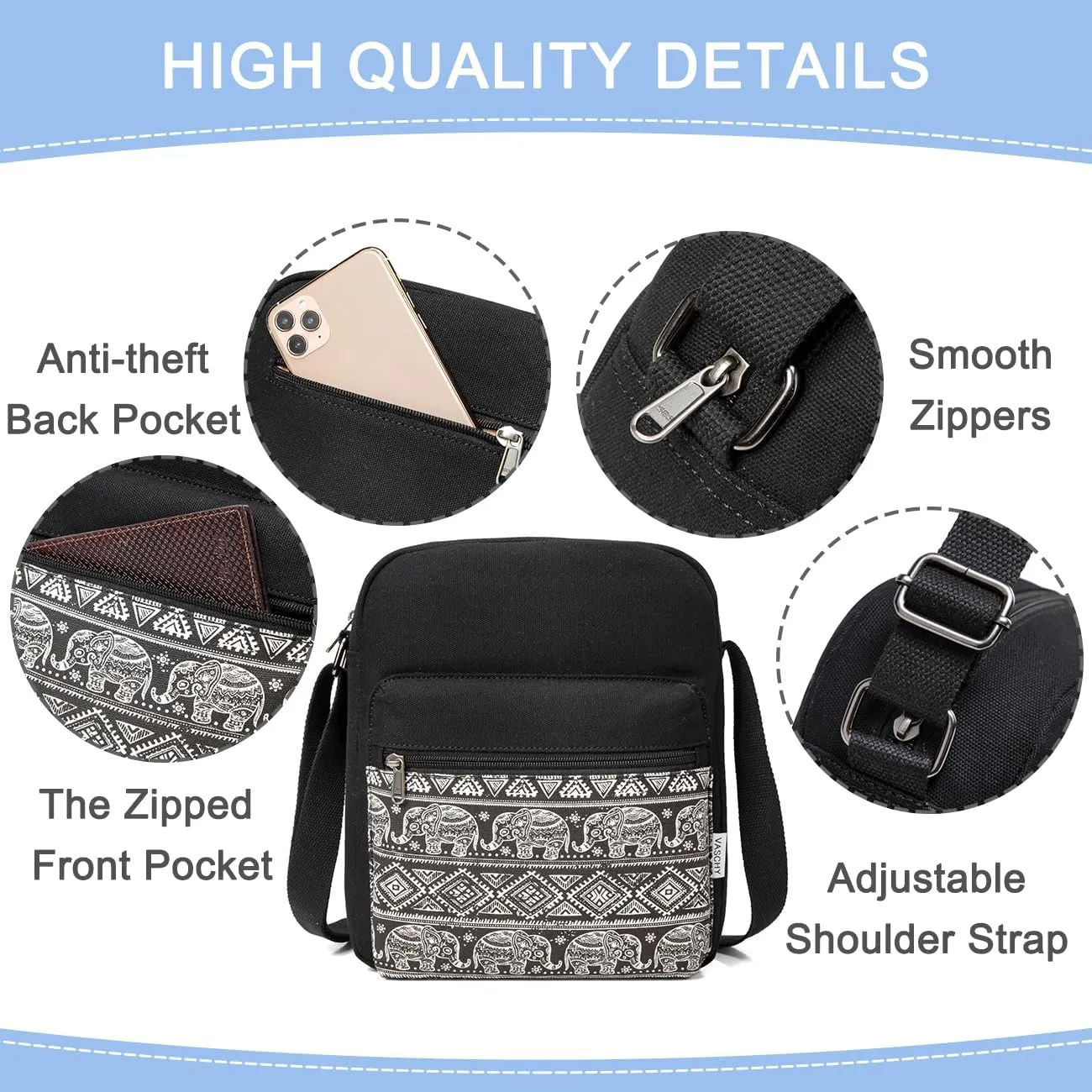 VASCHY Messenger Bag for Girls, Lightweight Canvas Crossbody Bag Purse for Teen Girls Women Fits Water Bottle