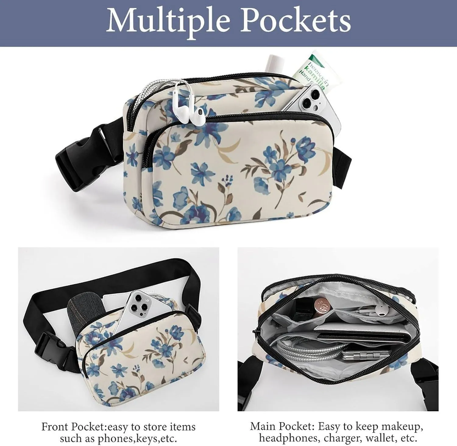 Vintage Flower Summer Fanny Pack Belt Bag with Adjustable Strap Waist Packs Small Pouch Crossbody Bags for Hiking Running Cycling Traveling