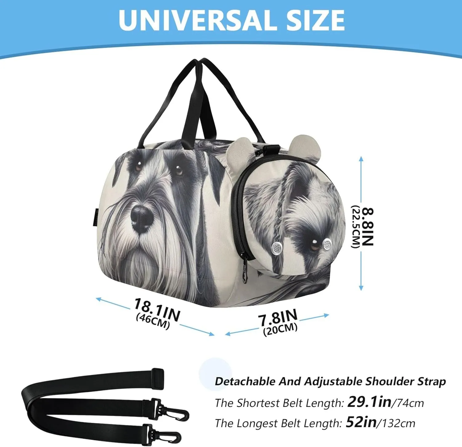 Vintage Schnauzer Portrait Carry on Duffel for Boys Overnight Weekender Duffel Girls Tote Duffle Bags Travel with Shoulder Strap