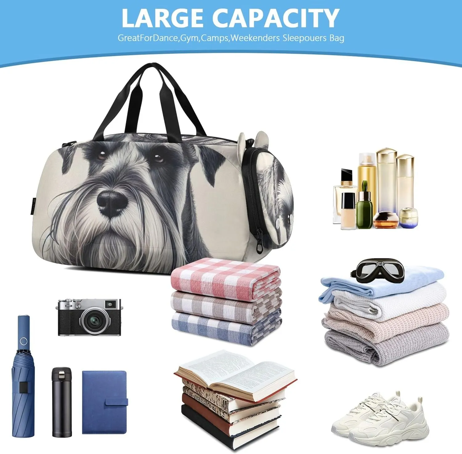 Vintage Schnauzer Portrait Carry on Duffel for Boys Overnight Weekender Duffel Girls Tote Duffle Bags Travel with Shoulder Strap