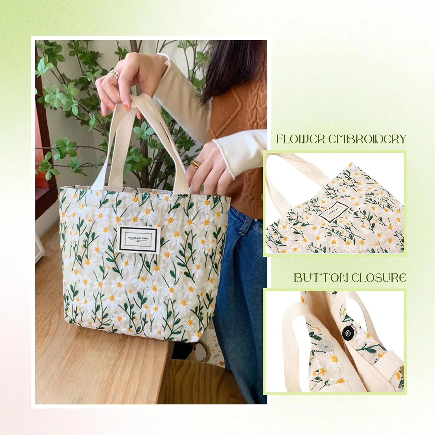 Women's Tote Bag Mini Flowers Embroidered Handbag Small Cellphone Purse Canvas Hobo Bag