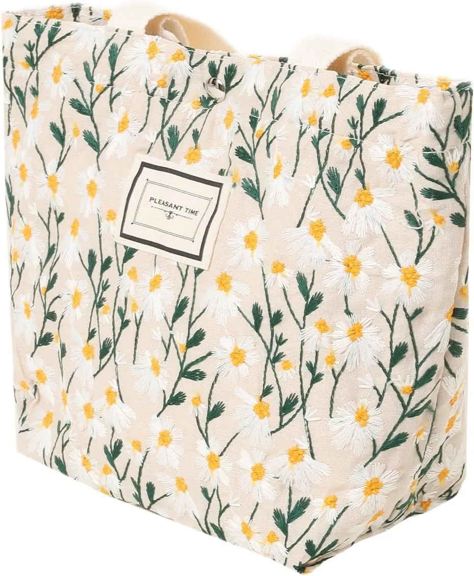 Women's Tote Bag Mini Flowers Embroidered Handbag Small Cellphone Purse Canvas Hobo Bag